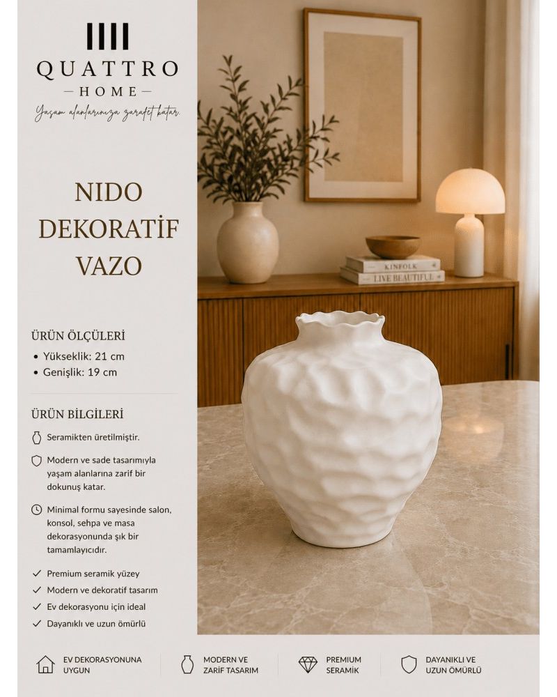 Nido Beyaz Dokulu Seramik Dekoratif Vazo – Dalgalı Ağızlı Modern Salon Objesi
