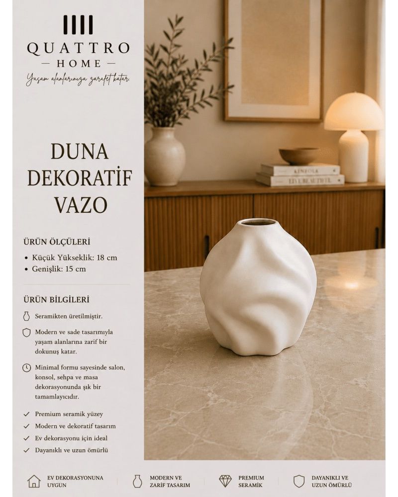 Duna Beyaz Dalgalı Seramik Dekoratif Vazo – Modern Konsol ve Sehpa Aksesuarı