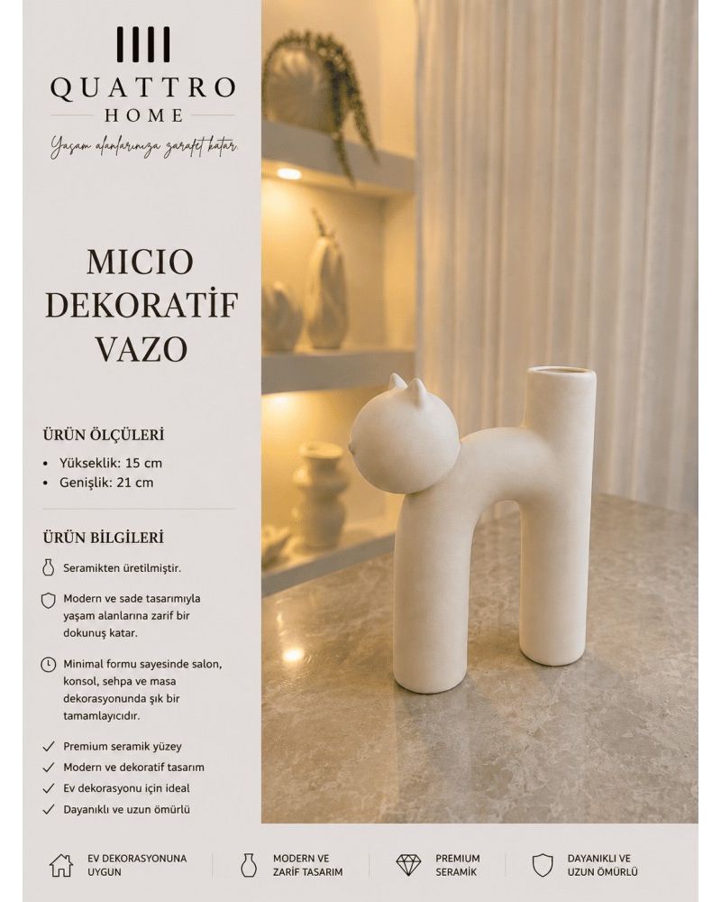 Micio Beyaz Kedi Formlu Seramik Dekoratif Vazo – Modern Salon ve Masa Objesi