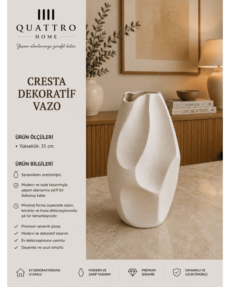 Cresta Beyaz Asimetrik Seramik Dekoratif Vazo  – Büyük Boy Modern Salon Objesi