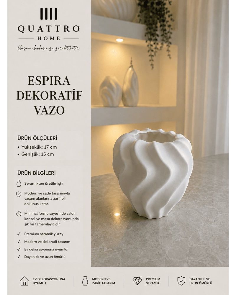 Espira Beyaz Burgulu Form Seramik Dekoratif Vazo – Modern Masa ve Konsol Aksesuarı