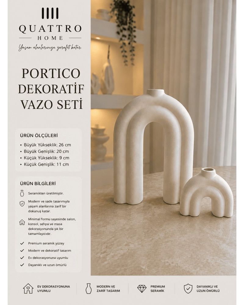 Portico 2’li Beyaz Kemer Formlu Seramik Dekoratif Vazo Seti