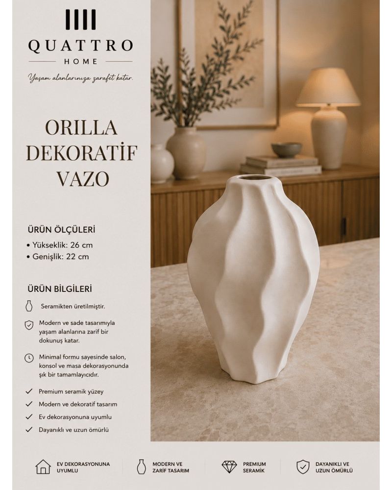 Orilla Beyaz Dalgalı Form Seramik Dekoratif Vazo  – Modern Organik Salon Objesi
