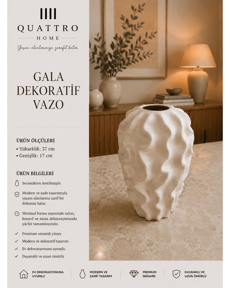 Gala Beyaz Dalgalı Dokulu Seramik Dekoratif Vazo – Modern Organik Salon Objesi