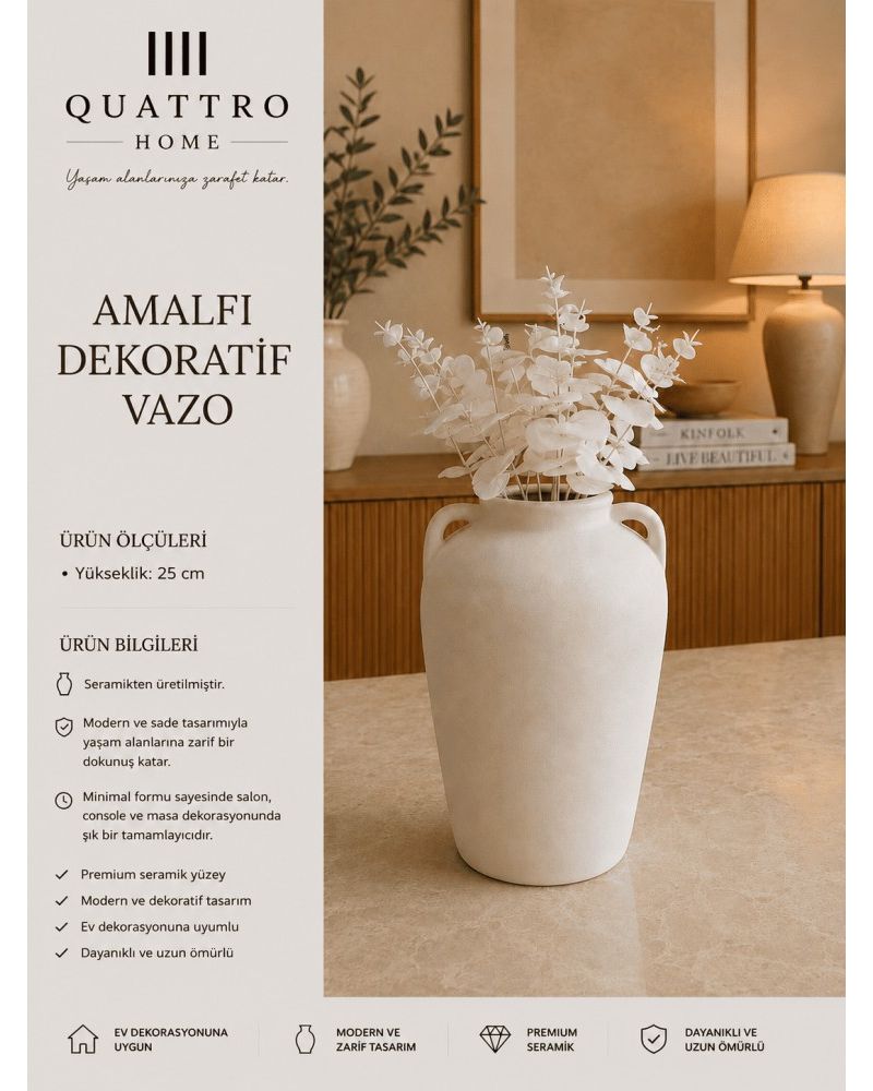 Amalfi Beyaz Kulplu Seramik Dekoratif Vazo  – Modern Amfora Form Çiçeklik