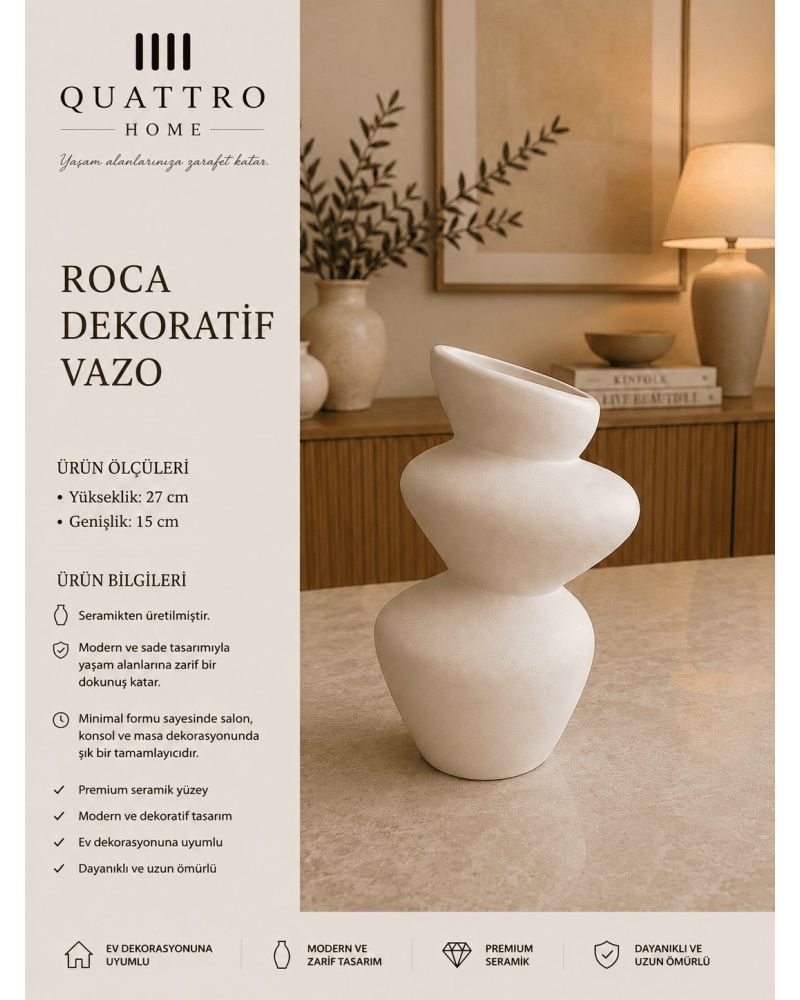 Roca Beyaz Dalgalı Gövde Seramik Dekoratif Vazo – Asimetrik Modern Tasarım