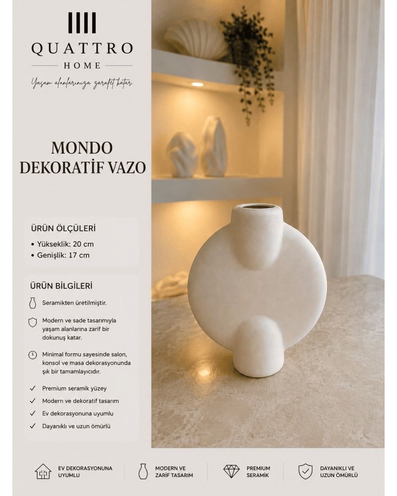 Mondo Beyaz Yuvarlak Form Seramik Dekoratif Vazo – Modern Salon ve Konsol Aksesuarı