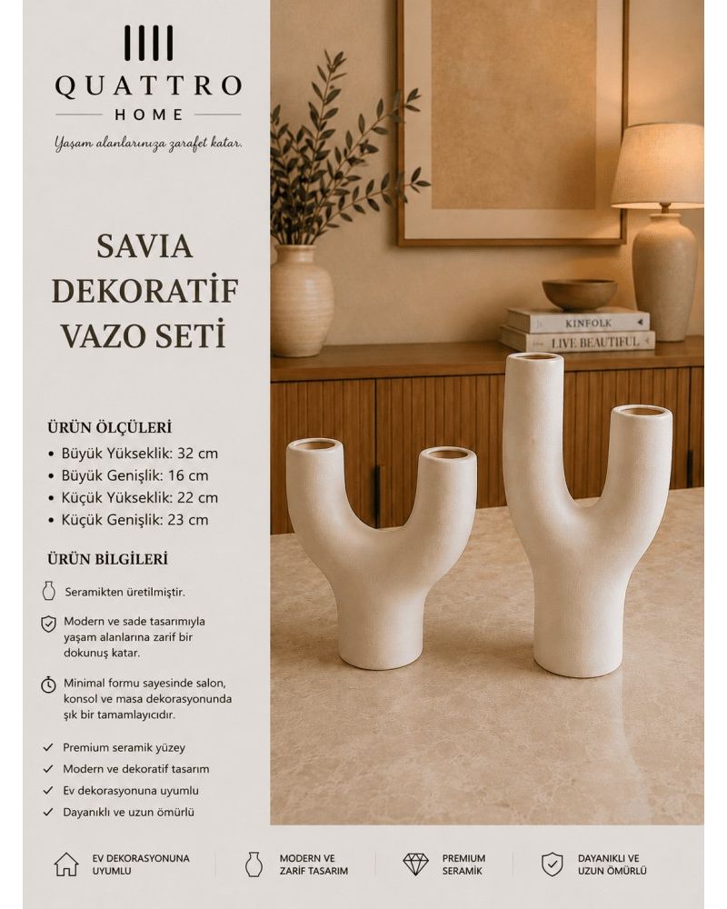 Savia 2’li Beyaz U Form Seramik Dekoratif Vazo Seti