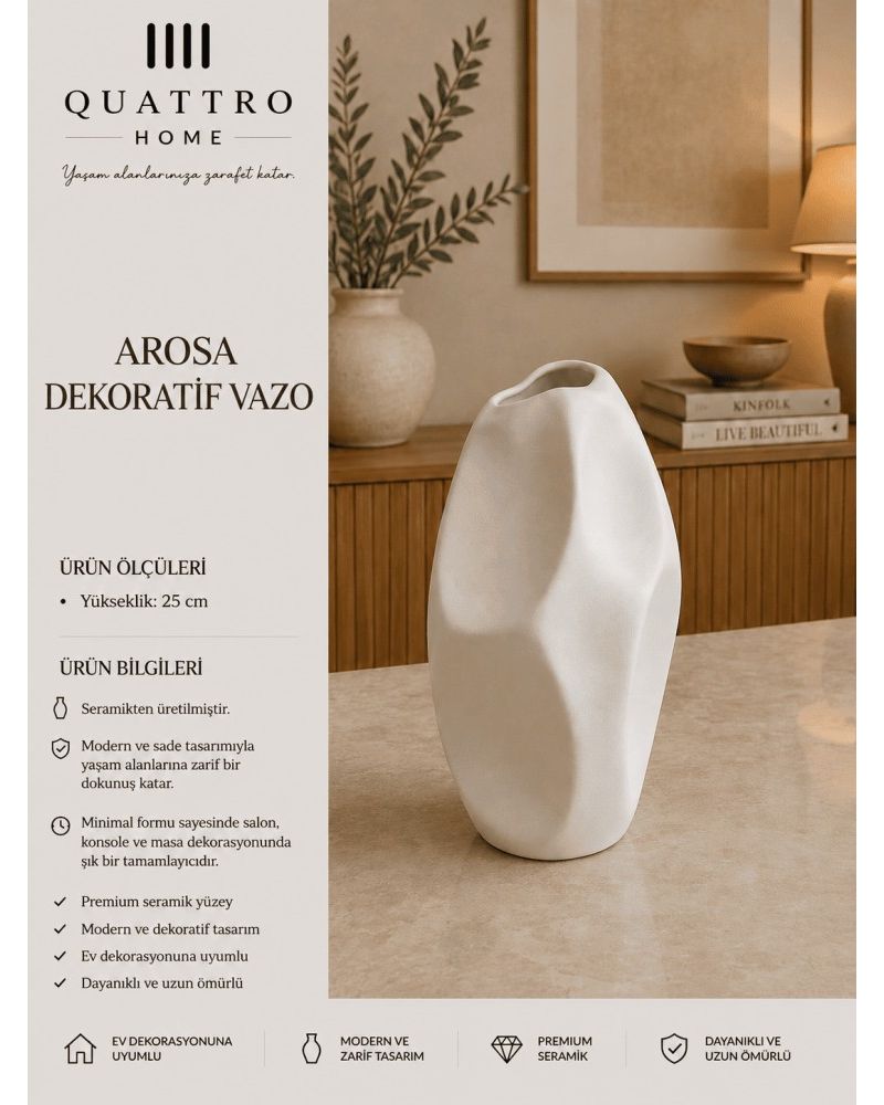 Arosa Beyaz Asimetrik Seramik Dekoratif Vazo  – Modern Organik Form