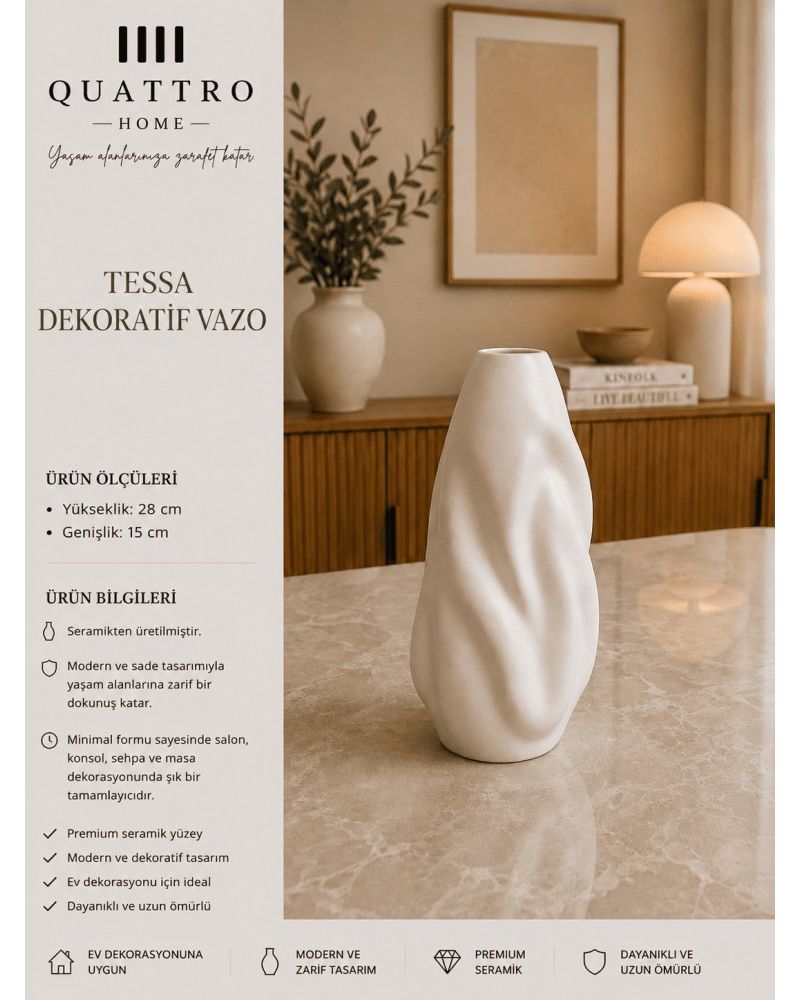 Tessa Beyaz Dalgalı Form Seramik Dekoratif Vazo– Modern Salon Aksesuarı