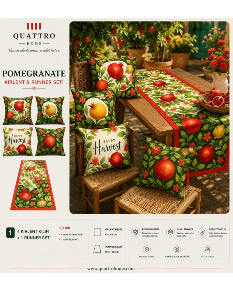 Quattro Home Pomegranate 4 Kırlent Kılıfı + 1 Runner Seti