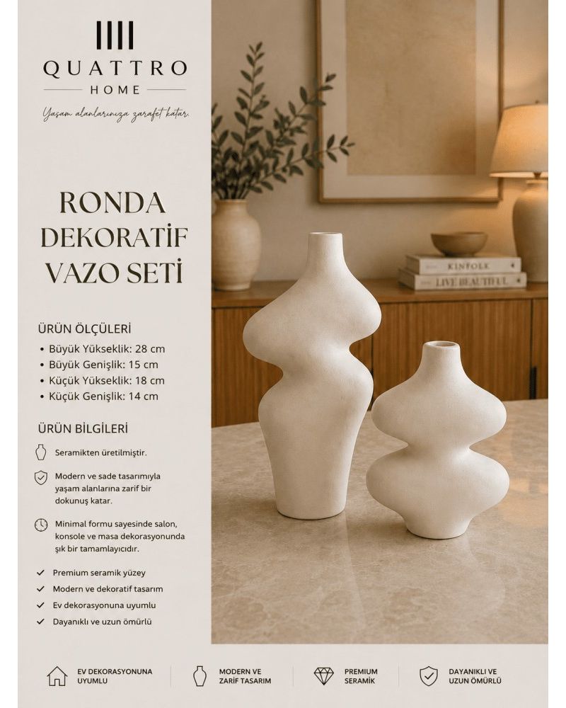 Ronda 2’li Beyaz Organik Form Seramik Dekoratif Vazo Seti