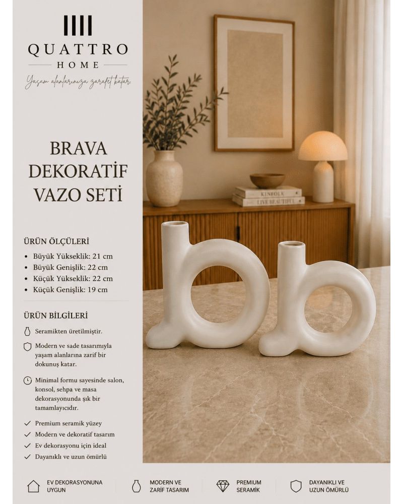 Brava 2’li Beyaz Seramik Dekoratif Vazo Seti – Yuvarlak Boşluklu Modern Tasarım
