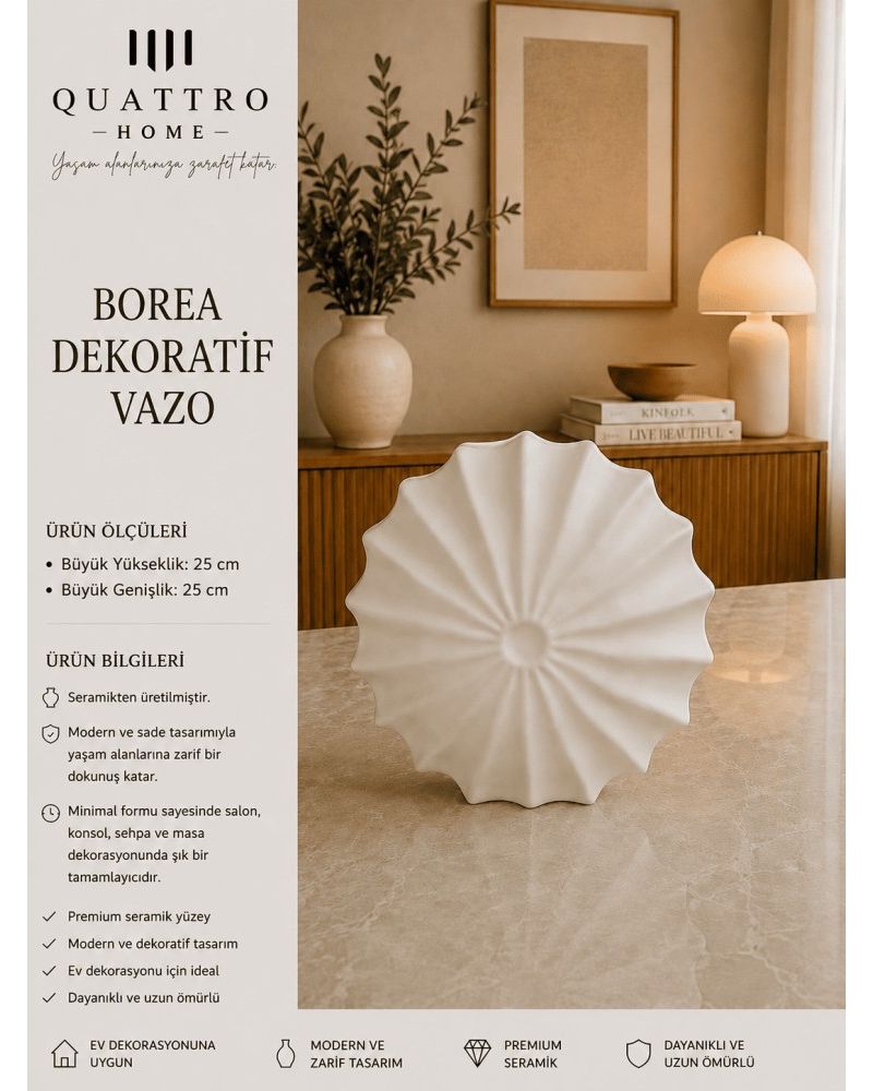Borea Beyaz Yelpaze Formlu Seramik Dekoratif Vazo  – Modern Konsol ve Masa Objesi