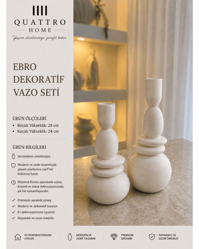 Ebro 2’li Beyaz Seramik Dekoratif Vazo Seti  – Heykelsi Modern Tasarım