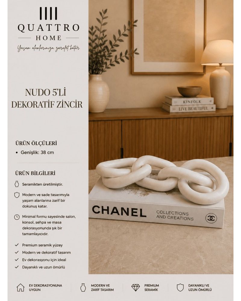 Nudo 5’li Beyaz Seramik Dekoratif Zincir  – Modern Sehpa ve Kitap Üstü Obje