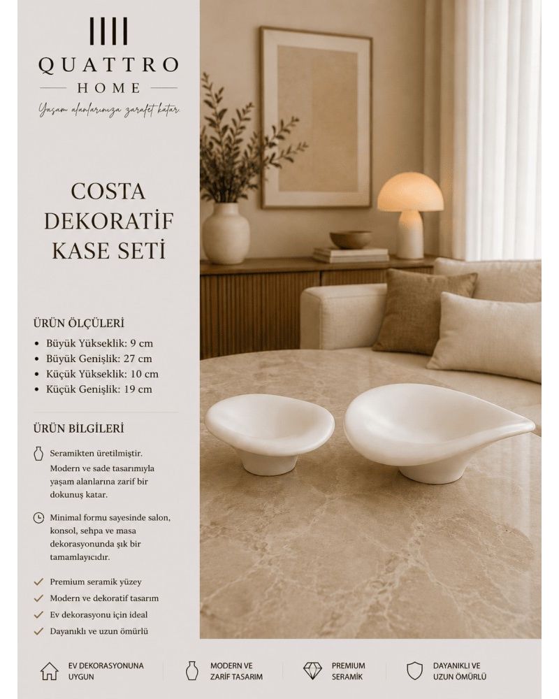Costa 2’li Beyaz Ayaklı Seramik Dekoratif Kase Seti – Organik Modern Tasarım