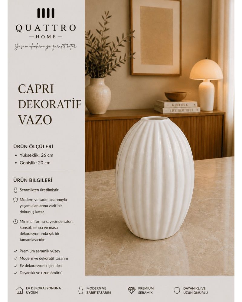 Capri Beyaz Oluklu Seramik Dekoratif Vazo  – Modern Oval Salon ve Konsol Aksesuarı