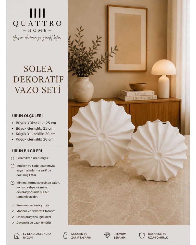 Solea 2’li Beyaz Yelpaze Formlu Seramik Dekoratif Vazo Seti