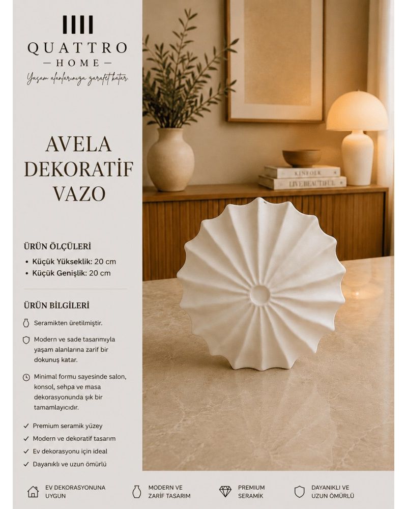 Avela Beyaz Yelpaze Formlu Seramik Dekoratif Vazo  – Modern Masa ve Konsol Objesi