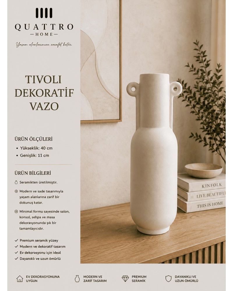 Tivoli Beyaz Kulak Detaylı Seramik Dekoratif Vazo  – Büyük Boy Modern Salon Aksesuarı