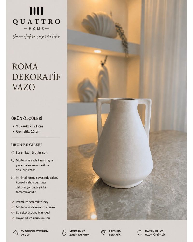 Roma Beyaz Kulplu Seramik Dekoratif Vazo  – Modern Amfora Form Salon Aksesuarı