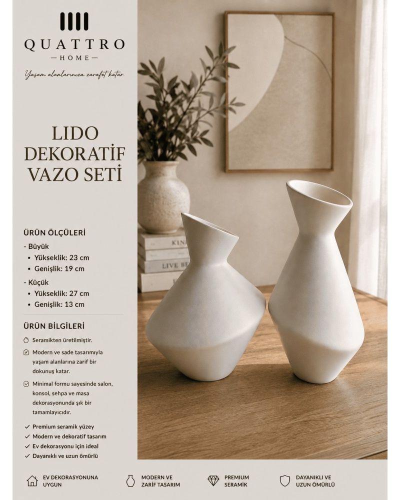 Lido 2’li Beyaz Seramik Dekoratif Vazo Seti– Eğik Ağızlı Modern Tasarım