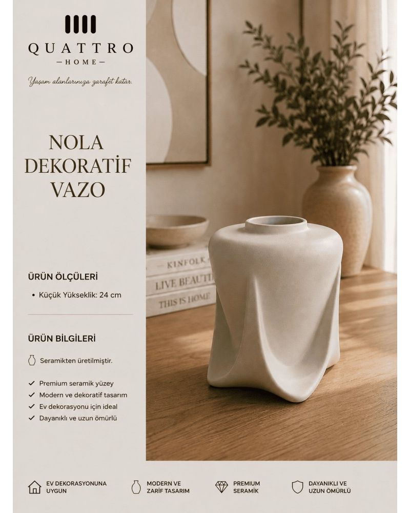 Nola Beyaz Organik Form Seramik Dekoratif Vazo – Modern Salon ve Konsol Aksesuarı