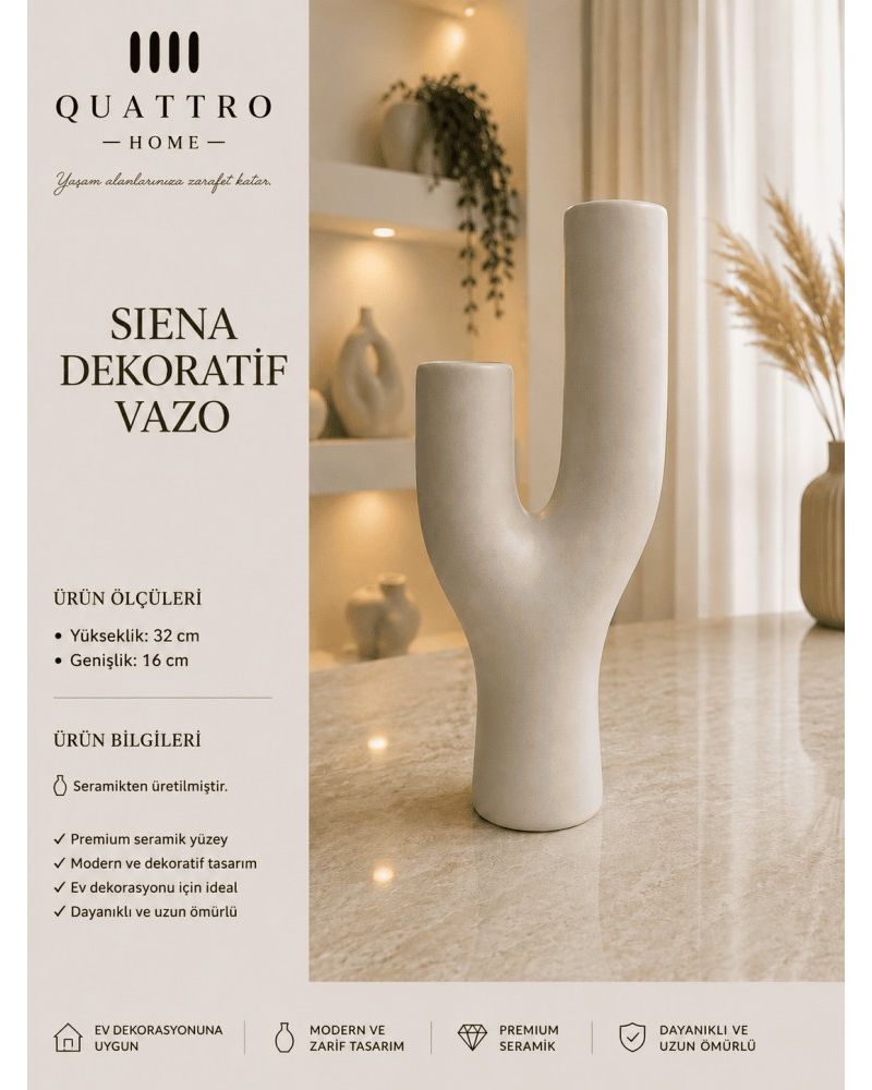Siena Beyaz U Form Seramik Dekoratif Vazo  – Modern Çift Ağızlı Salon Aksesuarı
