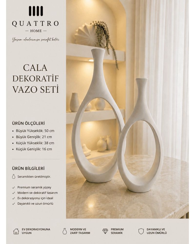 Cala 2’li Beyaz Seramik Dekoratif Vazo Seti – Oval Boşluklu Modern Tasarım