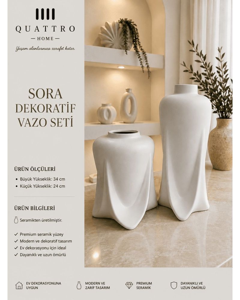 Sora 2’li Beyaz Seramik Dekoratif Vazo Seti– Modern Organik Form