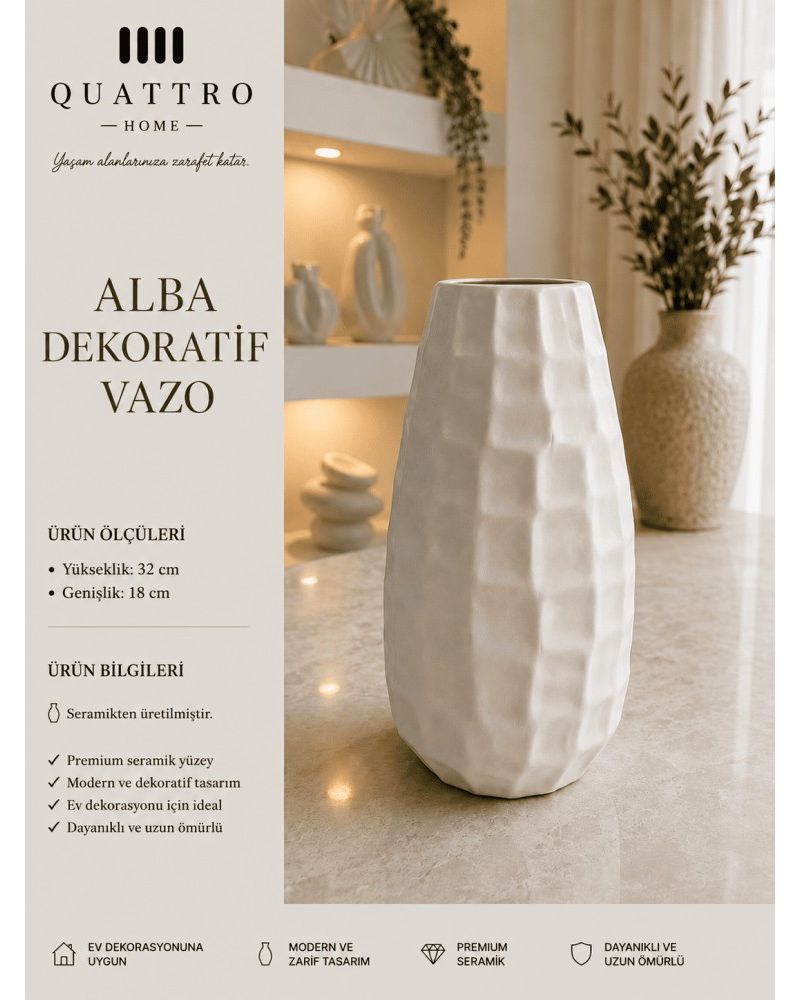 Alba Beyaz Dokulu Seramik Dekoratif Vazo – Modern Büyük Boy Salon Aksesuarı