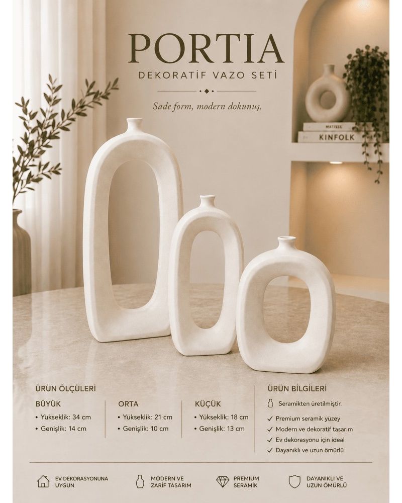 Portia 3’lü Beyaz Seramik Dekoratif Vazo Seti – Modern Oval Boşluklu Salon Aksesuarı