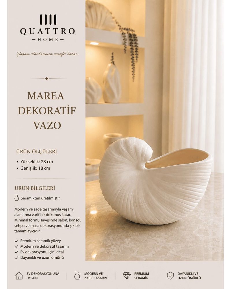 Marea Beyaz Deniz Kabuğu Formlu Seramik Dekoratif Vazo – Modern Salon Objesi