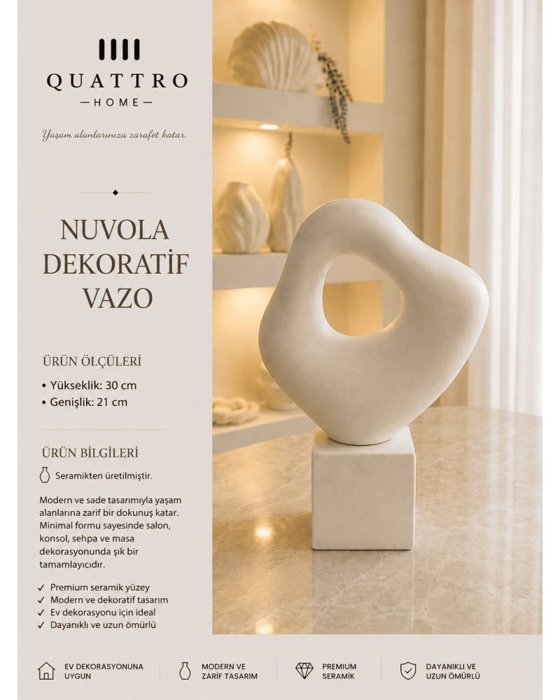 Nuvola Beyaz Soyut Form Seramik Dekoratif Vaz – Kaideli Modern Dekor Objesi