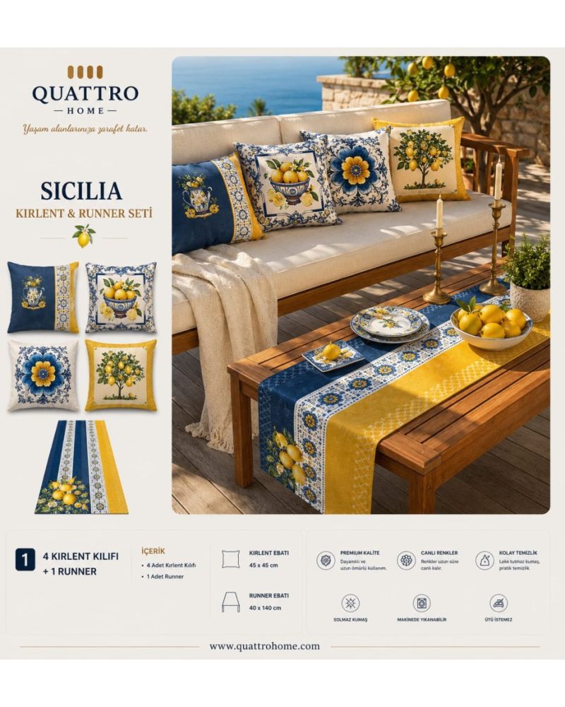 Quattro Home Sicilia 4 Kırlent Kılıfı + 1 Runner Seti