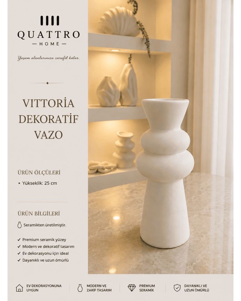 Vittoria Beyaz Modern Seramik Dekoratif Vazo – Dalgalı Form Salon Aksesuarı
