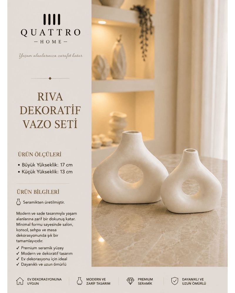 Riva 2’li Beyaz Seramik Dekoratif Vazo Seti – Modern Minimal Tasarım