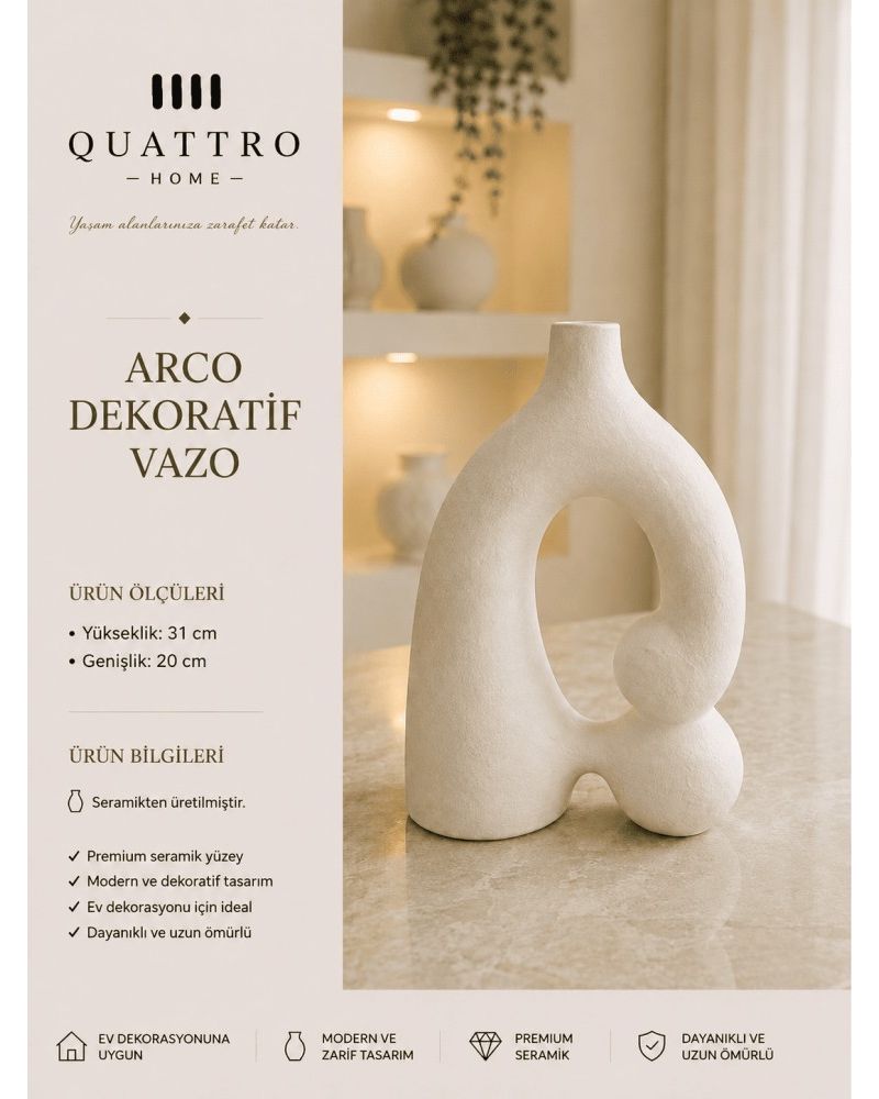 Arco Beyaz Modern Seramik Dekoratif Vazo  – Minimal Salon ve Konsol Aksesuarı