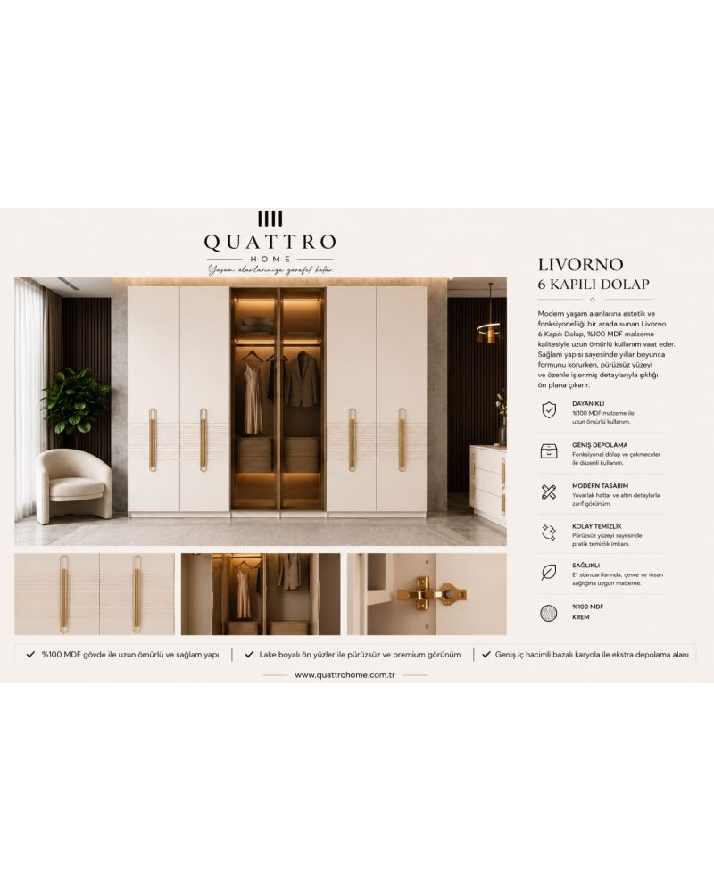 Livorno Krem Modern Gold Detaylı Yatak Odası Takımı