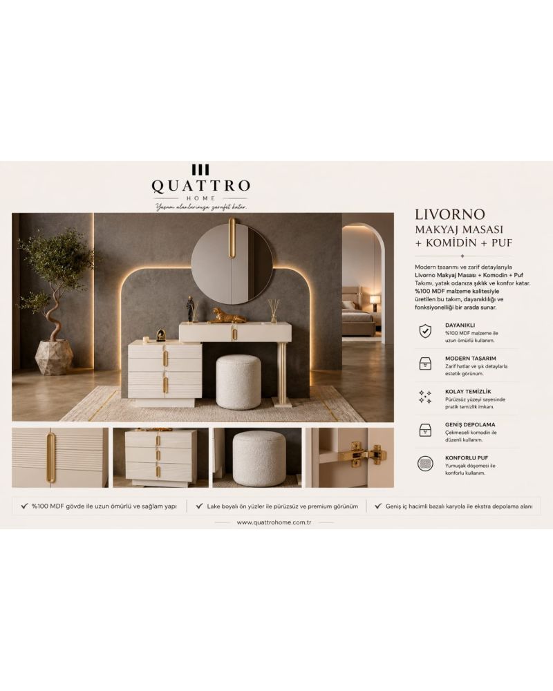 Livorno Krem Modern Gold Detaylı Yatak Odası Takımı