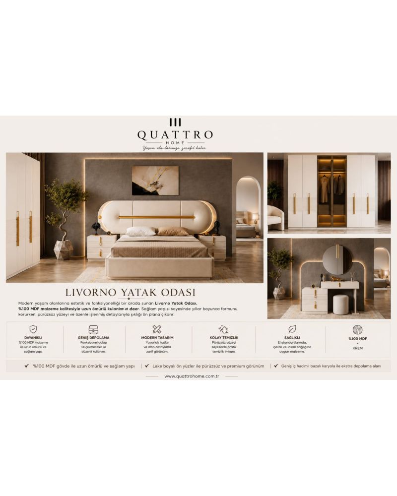Livorno Krem Modern Gold Detaylı Yatak Odası Takımı