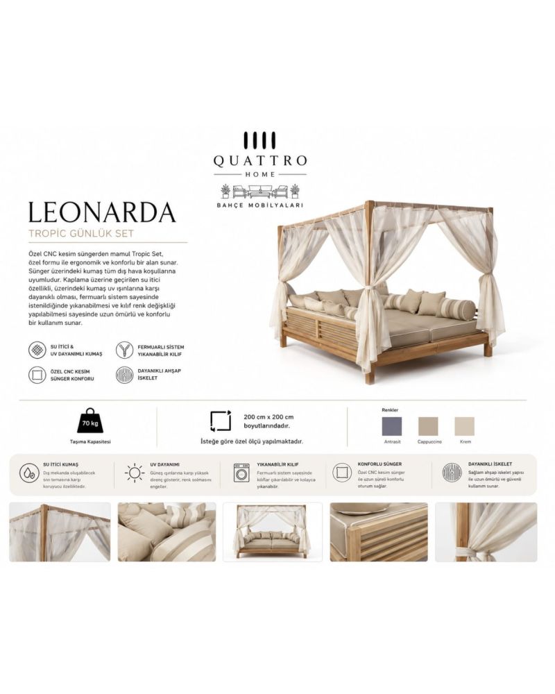 Quattro Home Leonarda Tropic Ahşap Bahçe Günlük Yatağı Perdeli Dış Mekan Daybed Havuz ve Teras Dinlenme Seti
