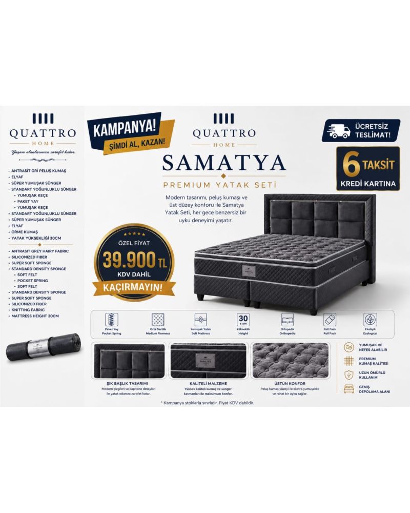 Samatya Premium Çift Kişilik Yatak Seti Baza Başlık Yatak Dahil 30 cm Paket Yaylı Ortopedik Peluş Kumaş