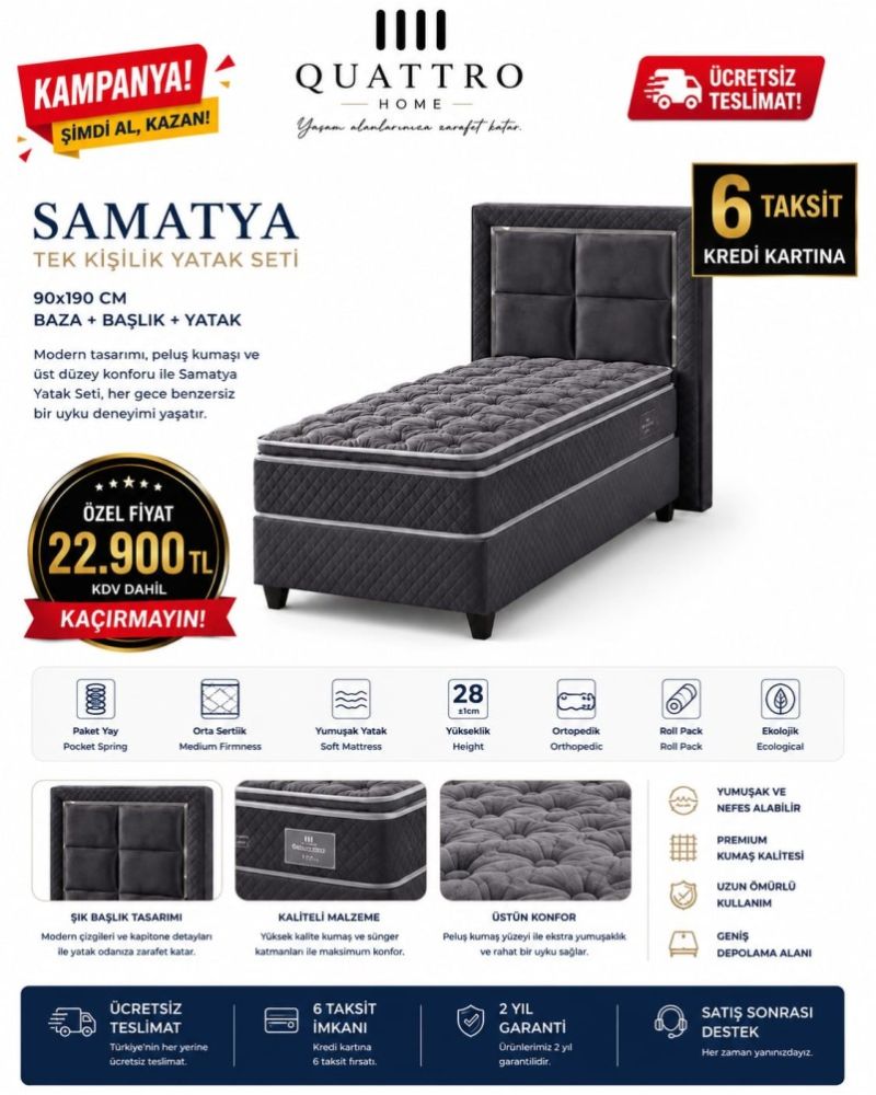 Quattro Home Samatya Tek Kişilik Yatak Seti 90x190 Baza Başlık Yatak Dahil 28 cm Paket Yaylı Ortopedik Peluş Kumaş