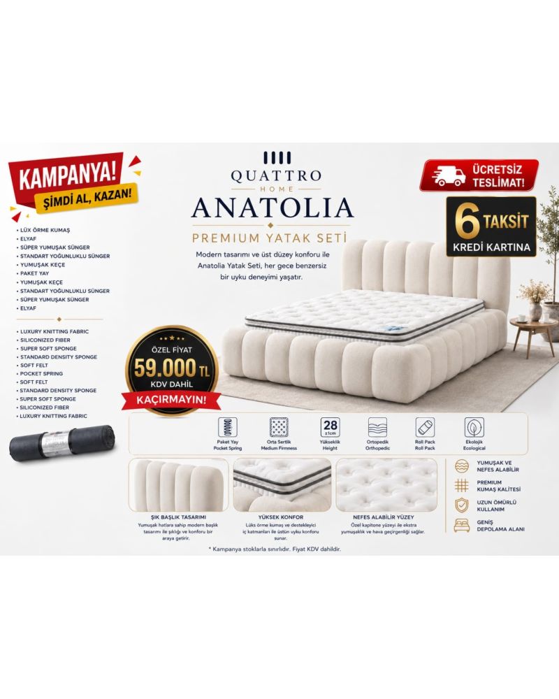 Anatolia Premium Çift Kişilik Yatak 160x200 Seti Baza Başlık Yatak Dahil Paket Yaylı Ortopedik Lüks Örme Kumaş