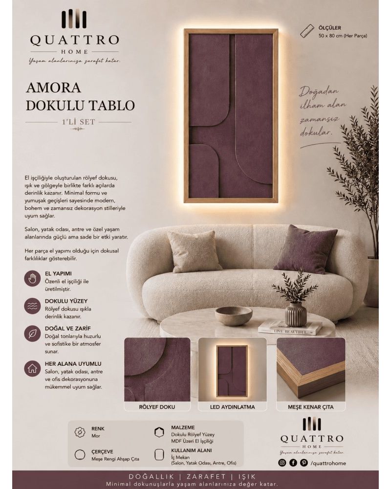 Amora LED Aydınlatmalı Mor Dokulu Rölyef Duvar Tablosu