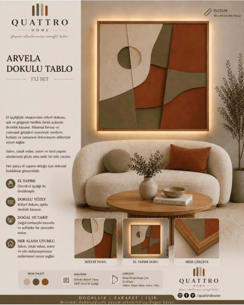 Arvela LED Aydınlatmalı Toprak Tonlu Dokulu Rölyef Duvar Tablosu