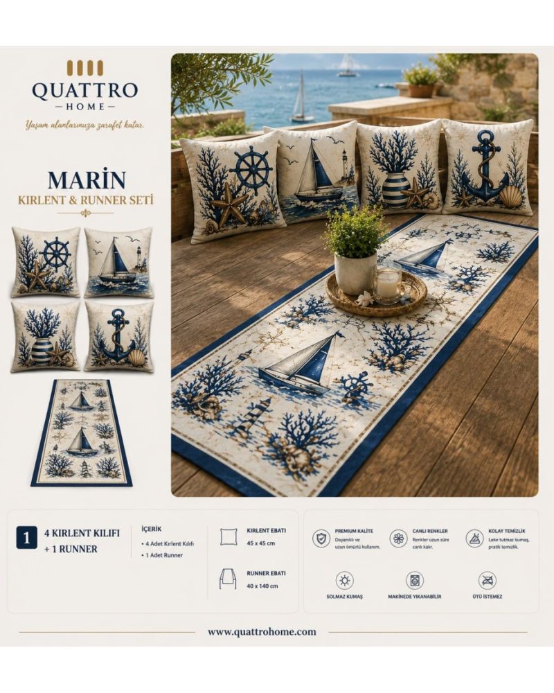 Quattro Home Marin 4 Kırlent Kılıfı + 1 Runner Seti