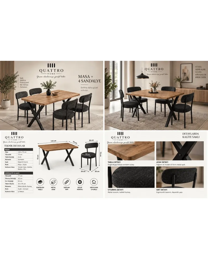 Modern 4 Sandalyeli Mutfak ve Yemek Masası ----Masa ölçüleri 110 cm uzunluk, 70 cm genişlik ve 72 cm yükseklik -